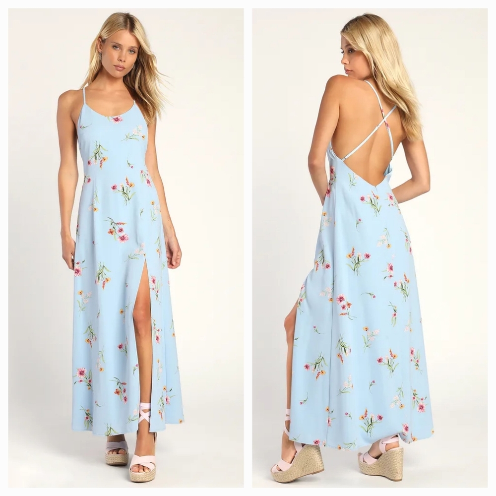 NWT Lulu's Blooming Vision Light Blue Floral Print Maxi Dress - Picture 1 of 11